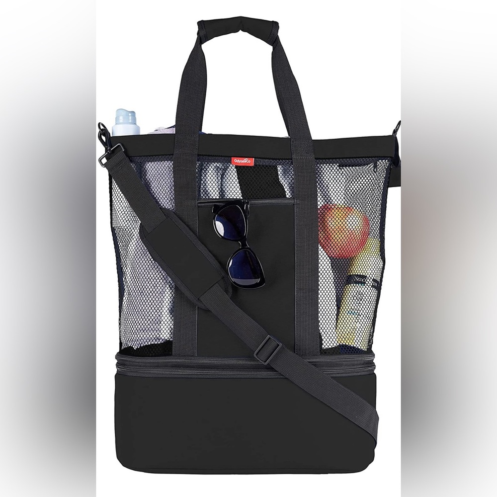 versatile beach bag with pockets, cooler in base. 16” x 20” x 6”